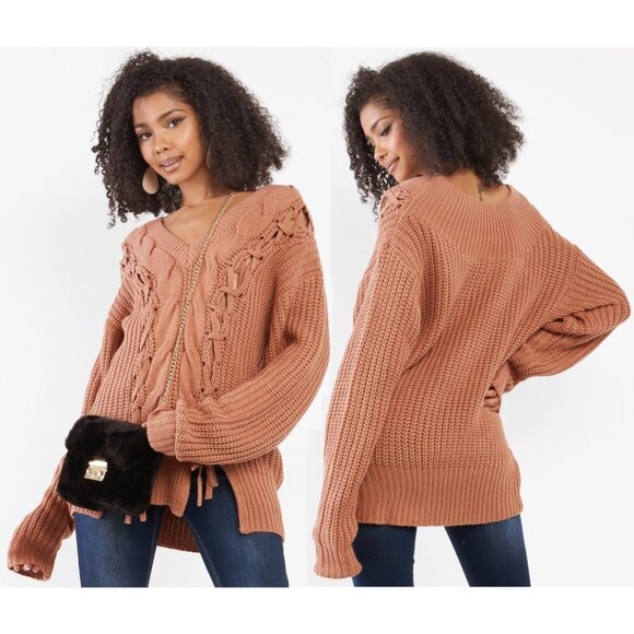 NEW Salmon Camel Laced Up Braid Cable Off Shoulder V Neck Longline Tunic Sweater - Picture 2 of 10